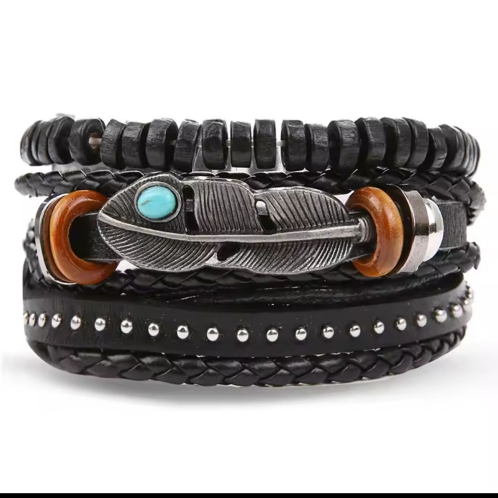 Men's leather bracelet set braided layered beaded new e97
